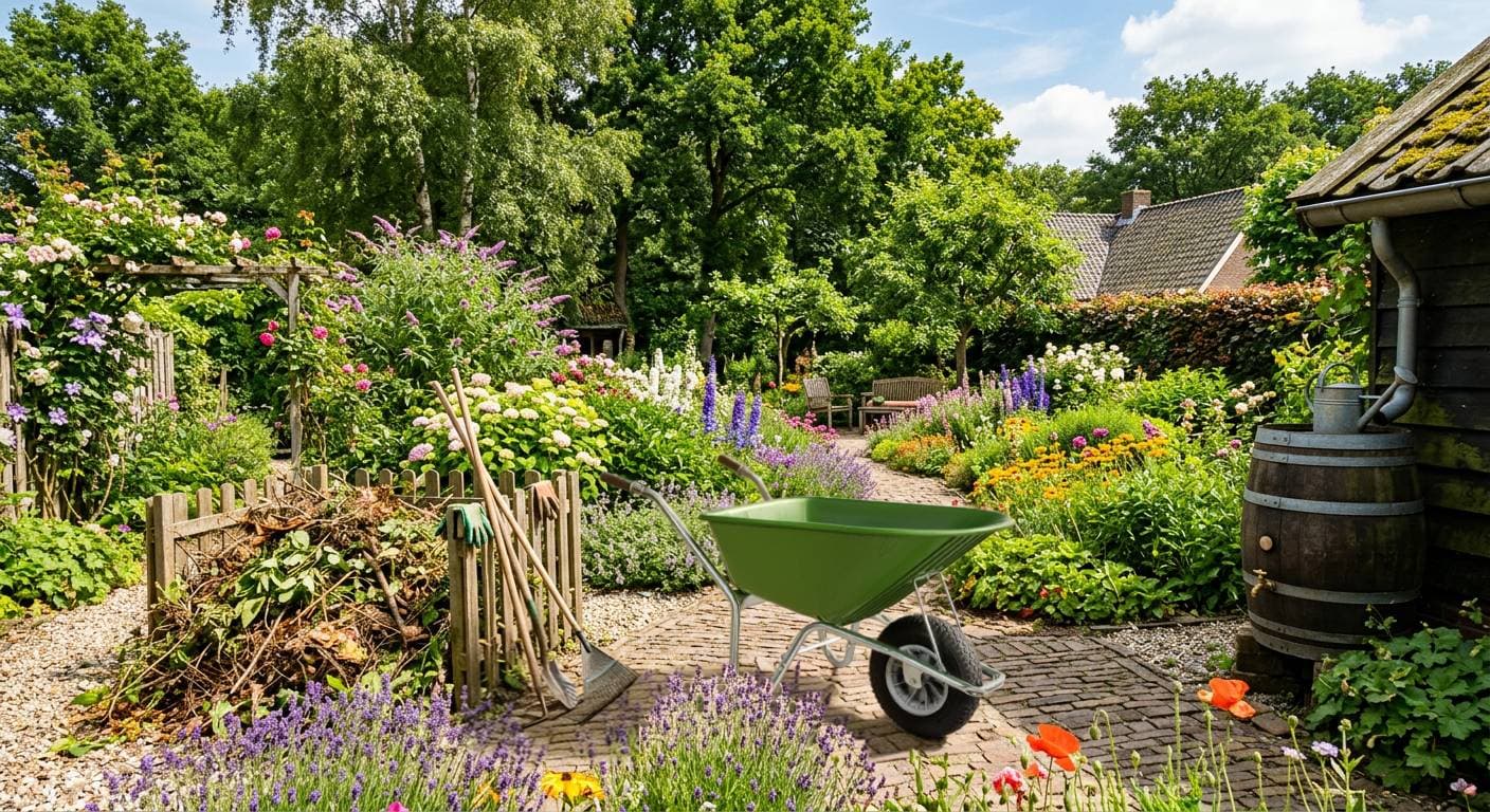 Tuin met kruiwagen en afrastering