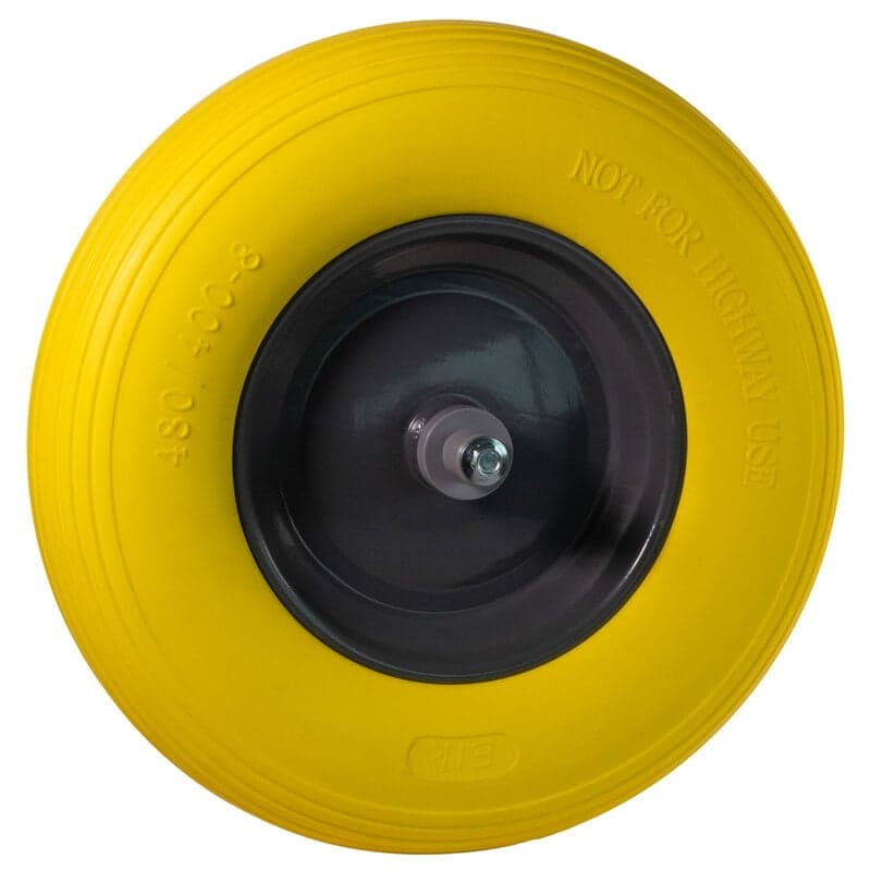 Kruiwagenwiel met gele foamband en metalen velg (aslengte 13 cm)